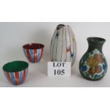 An Amery Gouda pottery vase c1920, a 1950s Handgemalt studio vase and two signed bowls. (4).