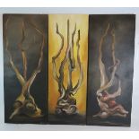 Contemporary School (2001) - A triptych of 3 stylised oils on canvas depicting gnarled wood forms,