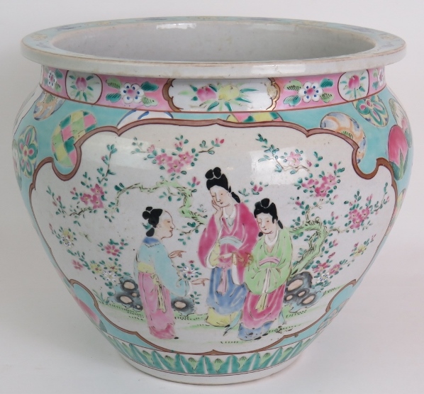 An antique Chinese porcelain Jardinière decorated in the Canton style on a light blue ground. Signed - Image 3 of 4