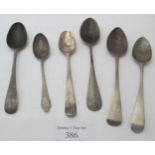 A collection of six various silver teaspoons, to include Hester Bateman, approx weight 3 troy oz/