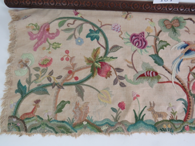 A handstitched wool work frieze panel in the Elizabethan style depicting a bird amongst stylised - Image 2 of 3