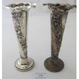 A pair of Art Nouveau silver vases embossed with two bands of flowers, London 1902, approx 6"