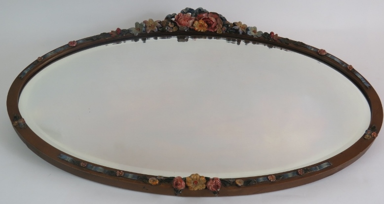 An oval early 20th Century Barbola mirror with floral moulding and bevelled glass. Width 60cm. - Image 3 of 4