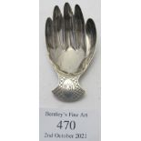 A Georgian silver caddy spoon in the shape of a hand, London 1806, makers Josiah Snatt, 8 grams,