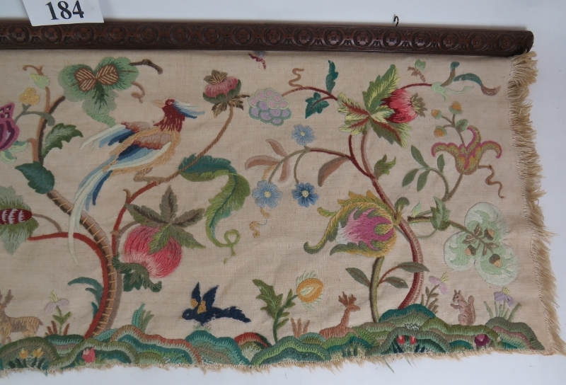 A handstitched wool work frieze panel in the Elizabethan style depicting a bird amongst stylised - Image 3 of 3