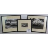 Three black and white vintage motor racing photos signed by Stirling Moss, Roy Salvadori, Jack Sears