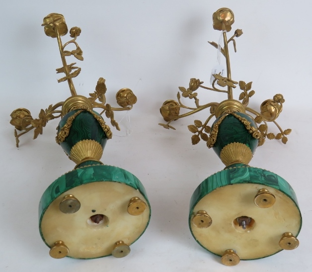 A pair of antique French Malachite bronze Ormulu mounted candelabra each with rose form three branch - Image 10 of 10