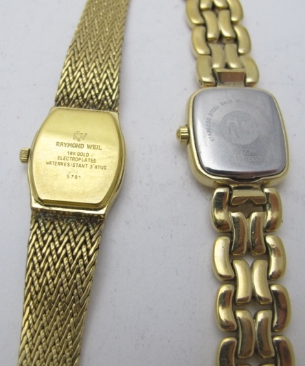 Two Raymond Weil vintage ladies wristwatches, a large oval agate brooch, a yellow metal link - Image 3 of 6