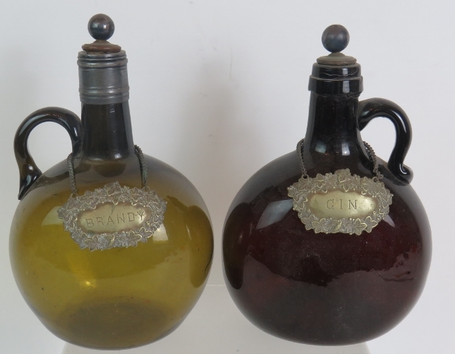 Two handblown 19th Century 'Chestnut' liqueur flasks with stoppers and labels plus five mixed 20th - Image 3 of 4