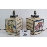 A pair of Art Deco pottery lamps by Robert. T. Lallemant C1930. Decorated with modernist hand