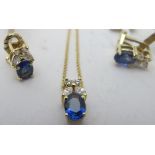 A 18ct yellow gold pendant and clip earring set, each piece set with oval sapphire and four