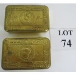 Two WWI 1914-15 Princess Mary gilt brass Christmas tins, one with Christmas card and one with card