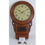 An inlaid walnut striking wall clock, c1900 with painted dial. Key and pendulum present. Height