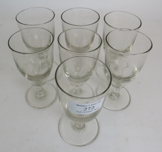Seven Early 19th Century short stem wine glasses each with a bladed knop. Height: 11.5cm. - Image 2 of 2