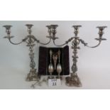 A pair of ornate Sheffield plate three branch candelabra, a cased set of silver plated grape