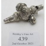 A silver babies rattle/whistle, Birmingham 1878, lacking the coral handle, approx weight 15 grams.