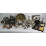 A quantity of mixed silver plated, pewter and brass wares including hip flasks, boxed cutlery,