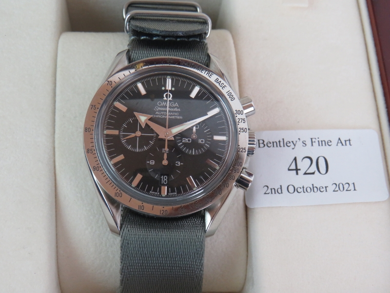 An Omega Speedmaster automatic chronograph watch, Broad Arrow model with all original paperwork. - Image 2 of 6
