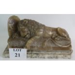 A large 19th Century Alabaster carving of The Lion of Lucerne on a matching alabaster plinth. Length