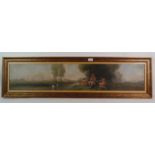 O. Lamont (1914) - 'Satyr and naked women in panoramic riverscape', oil on panel, signed and