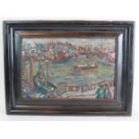 Mid Century School - 'Harbour Scene', oil on panel, 28cm x 44cm, framed. Condition report: