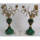 A pair of antique French Malachite bronze Ormulu mounted candelabra each with rose form three branch