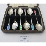 A set of six silver & enamelled coffee spoons, Birmingham 1950, Walker & Hall, approx weight 1.3