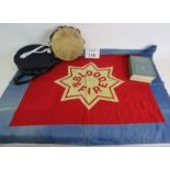 A 1937 Salvation Army 'The Enthusiasts' flag 90cm x 68cm, a vintage 1970s Tambourine with case and a