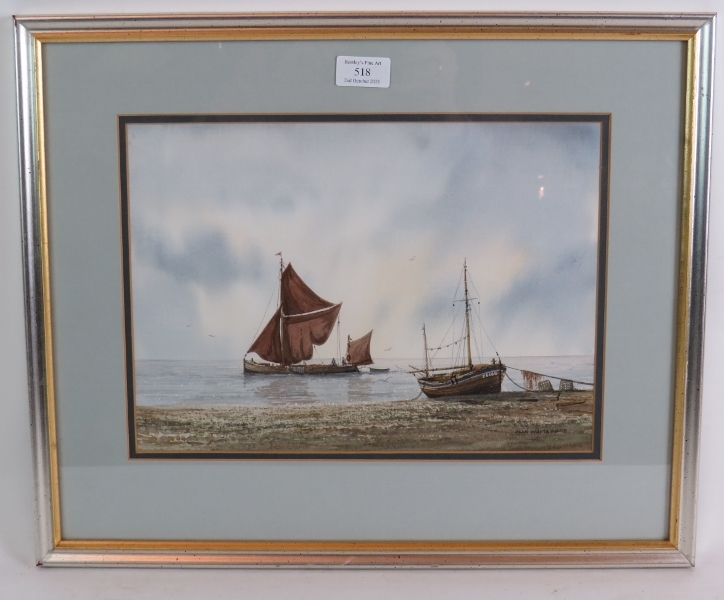 Alan Whitehead (b. 1952) - 'Fishing boats and beach', watercolour, signed, 25cm x 34cm, framed.