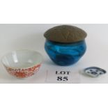 Two antique Chinese porcelain hand decorated dishes both marked to base, plus a blue studio glass