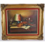 Frank Lean (20th Century) - 'Still life with violin, books, lamp, and other objects', oil on canvas,