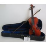 A full size 4/4 violin and two bows in fitted case. Labelled for Michael Pollar. Condition report: