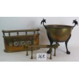 Two antique brass Footman fire fenders, largest 47cm x 26cm plus a cast iron mounted brass