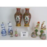 A pair of hand decorated Chinese porcelain vases, a pair of Spode Italian condiment grinders and