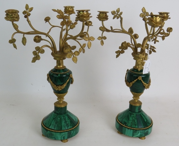 A pair of antique French Malachite bronze Ormulu mounted candelabra each with rose form three branch - Image 6 of 10