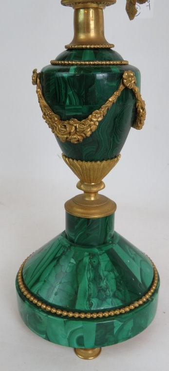 A pair of antique French Malachite bronze Ormulu mounted candelabra each with rose form three branch - Image 8 of 10