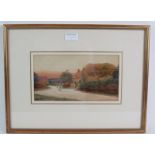 George Oyston (1861-1937) - 'Village lane with figures', watercolour, signed, 14cm x 25cm, framed.