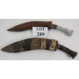 Two 20th Century Indian or Gurkha Kukri knives, one with engraved aluminium handle and carved wood