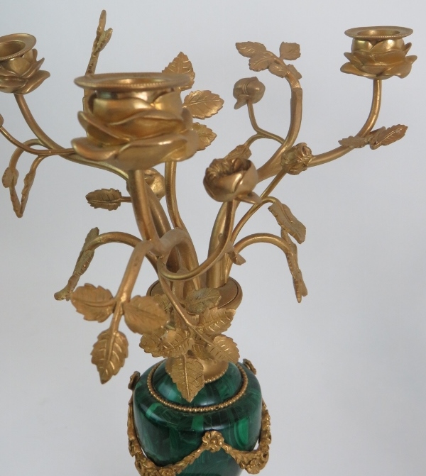 A pair of antique French Malachite bronze Ormulu mounted candelabra each with rose form three branch - Image 4 of 10