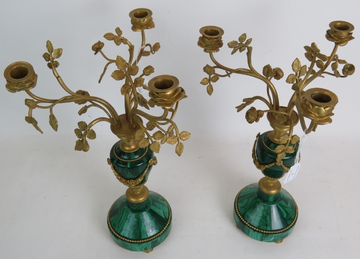 A pair of antique French Malachite bronze Ormulu mounted candelabra each with rose form three branch - Image 9 of 10