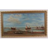 French School (c.1874) - 'Coastal landscape with fishing boats and figures, oil on board,