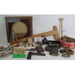 A box of mixed collectables including badges, cigarette cards, cigar case, metronome, hip flask etc.