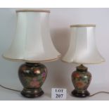 Two similar Chinese style decorated porcelain lamps with floral gilt decoration and matching shades.