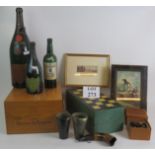 A mixed lot of collectables including a powder horn, old wine bottles, chess box and set, a