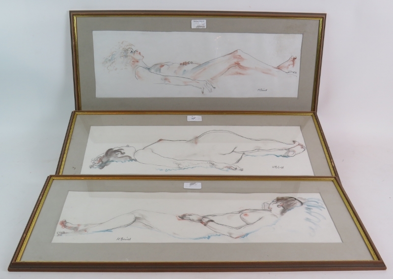 Henry Bird (British, 1909-2000) - 'Reclining female nudes', a series of three signed chalk &