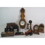 A mixed lot including barometer, binoculars, Edwardian clocks, brass candlestick, telephone etc. (