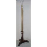 An antique standard lamp with a brass fitted column, raised on a Regency rosewood triform base