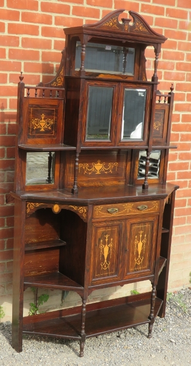 An Edwardian rosewood marquetry inlaid side cabinet with bevelled mirror panels, single drawer and - Image 2 of 3