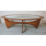 A mid century teak Astro oval coffee table by G Plan with glass inset. 42cm high x 123cm wide x 66cm