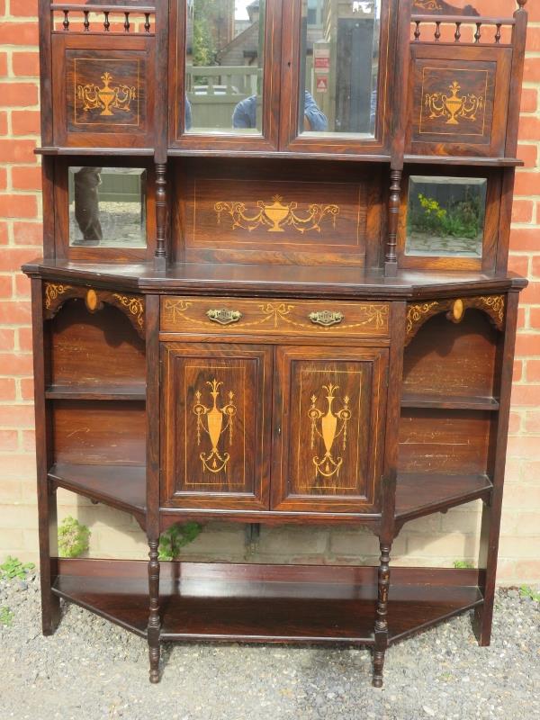 An Edwardian rosewood marquetry inlaid side cabinet with bevelled mirror panels, single drawer and - Image 3 of 3